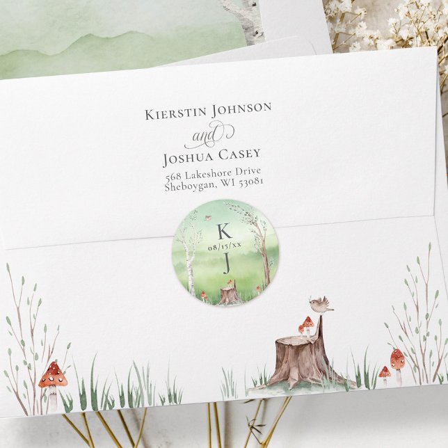 Pegatina Redonda Árbol acuarela Invitación a la boda del Boho (Watercolor green trees whimsical cottagecore wedding monogram invitation envelope closure sticker)