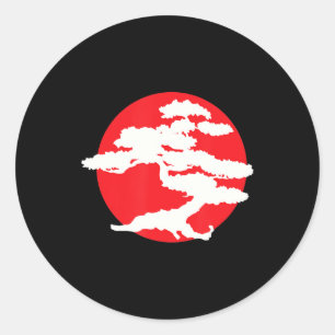 Pegatina Redonda Árbol Bonsai Con Sol Rojo Japonés Karate Zen