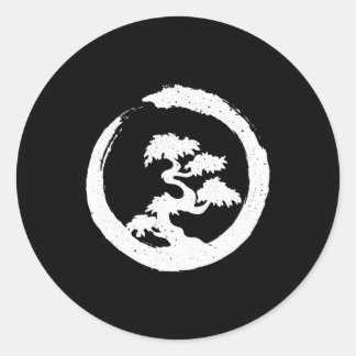 Pegatina Redonda Arbol Bonsai W Enso Brush Stroke