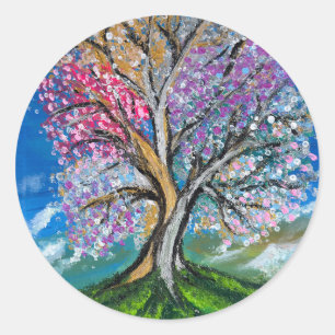 Pegatina Redonda Árbol Colorido - obra de arte hecha a mano