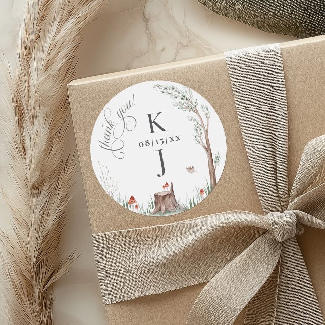 Pegatina Redonda Árbol de acuarela Boda capricho Gracias Favor (Watercolor whimsical trees forest mushroom botanical wedding monogram thank you favor gift sticker)