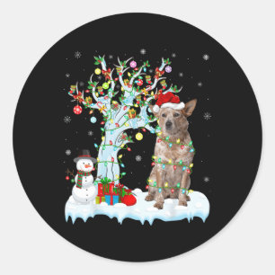 Pegatina Redonda Árbol de alumbrado navideño Santa Hat Perro de gan