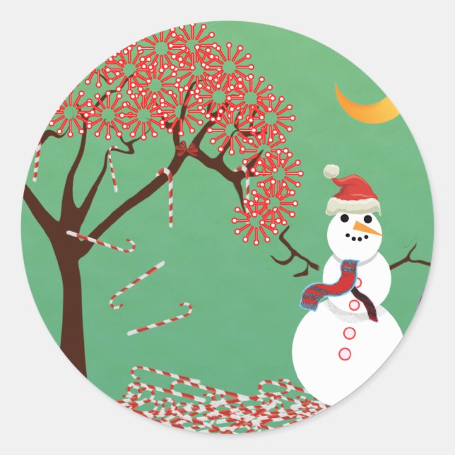 Pegatina Redonda Árbol de caniano con Snowman (Anverso)