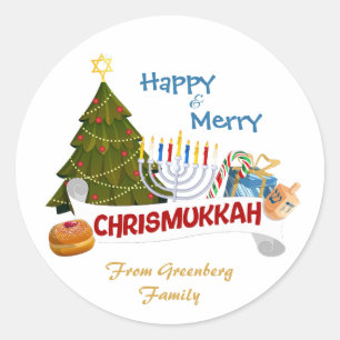 Pegatina Redonda Árbol de Chrismukkah festivo con Menorá