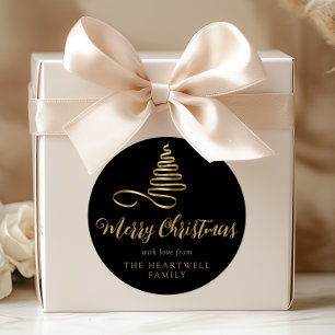 Pegatina Redonda Árbol de cinta dorada Feliz Navidad Escritura Negr