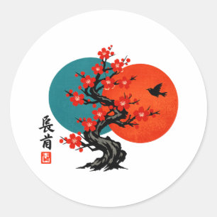 Pegatina Redonda Árbol de ciruelo zen Arte de tinta japonesa