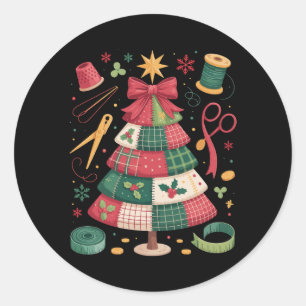 Pegatina Redonda Árbol de colcha de patchwork de Navidad costura qu