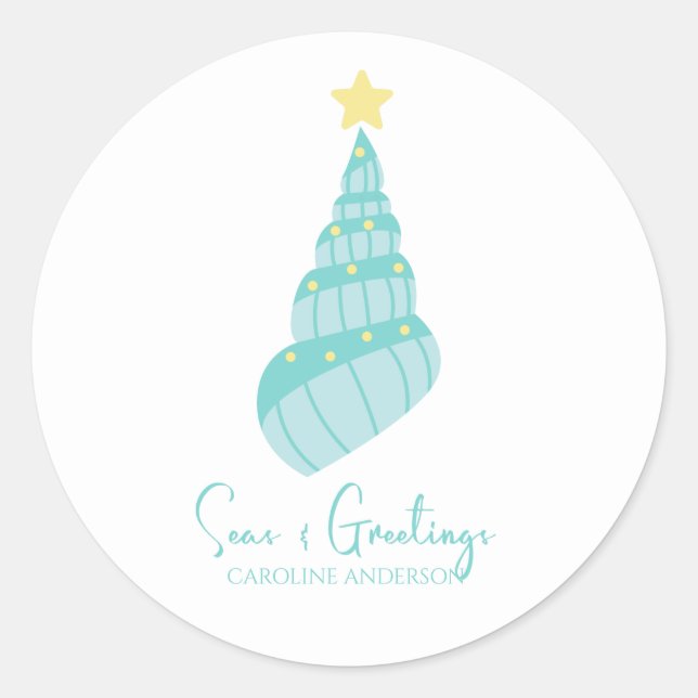 Pegatina Redonda Árbol de conchas de mares costeros y saludos (Anverso)