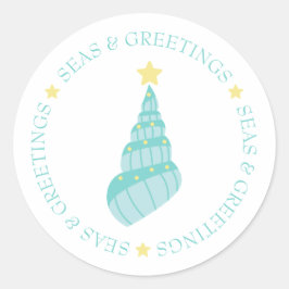 Pegatina Redonda Árbol de conchas de mares costeros y saludos