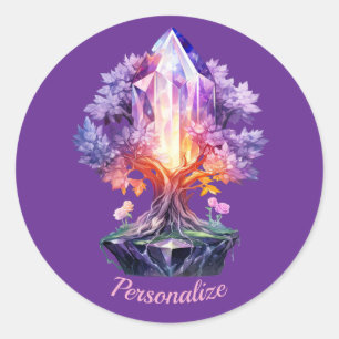 Pegatina Redonda Árbol de cristal místico, arte de fantasía de pied