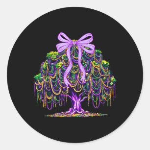 Pegatina Redonda Árbol de cuentas de Mardi Gras lazo Coquette niña
