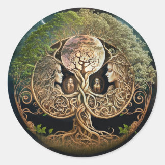 Pegatina Redonda Árbol de diosa de la vida y luna