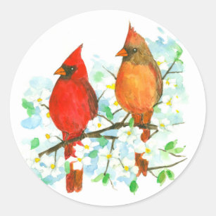 Pegatina Redonda Árbol de Dogwood cardinal hembra-varón de los