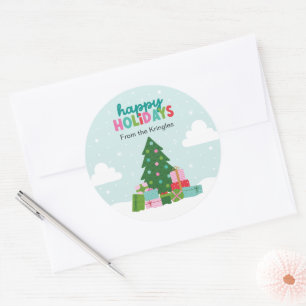 Pegatina Redonda Árbol de Felices Fiestas con Regalos en Azul Acuát