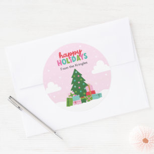 Pegatina Redonda Árbol de Felices Fiestas con Regalos en Rosa Paste