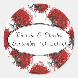 Pegatina Redonda Árbol de hojas del corazón rojo