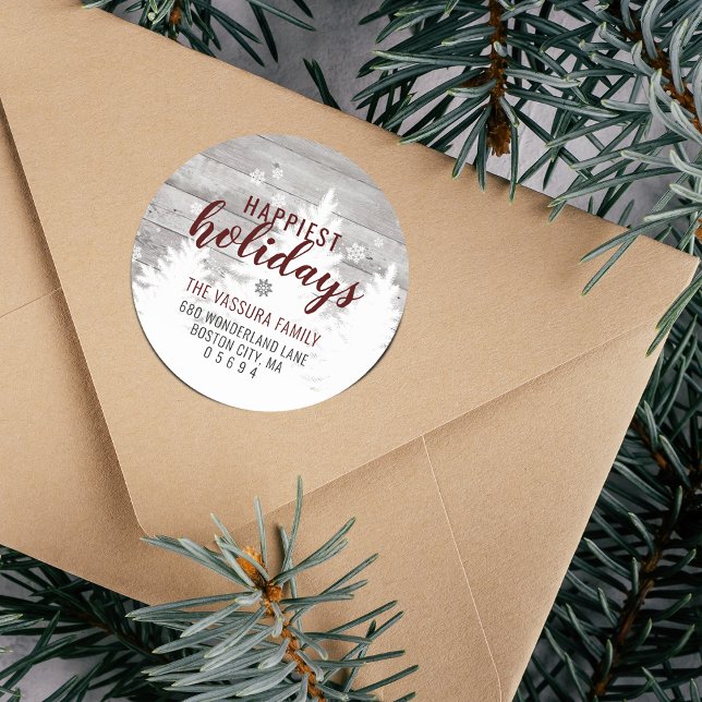 Pegatina Redonda Árbol de invierno de madera rústica dirección de r (Rustic Wood Winter Tree Burgundy Return Address Classic Round Sticker)