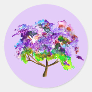 Pegatina Redonda Arbol de jacarandá morado acuarela arte fino