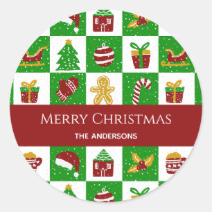 Pegatina Redonda Árbol de jengibre verde caprichoso Navidad Nombre 