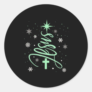 Pegatina Redonda Árbol de Jesús Cristiano Navidad Fe Copos de Nieve