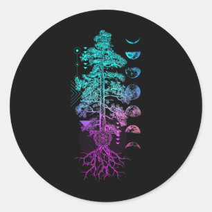 Pegatina Redonda Árbol de la Vida Fases de la Luna Yoga Chakra Rega