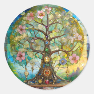 Pegatina Redonda Árbol de la Vida Florido de 7 Chakras