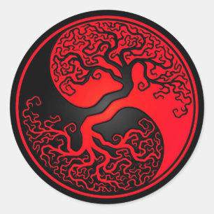 Pegatina Redonda Árbol de la vida rojo y negro Yin Yang