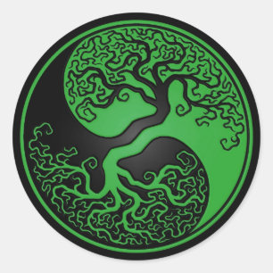Pegatina Redonda Árbol de la vida verde y negro Yin Yang