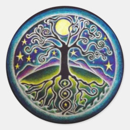 Pegatina Redonda Árbol de luna llena de vida Noche estrellada Manda