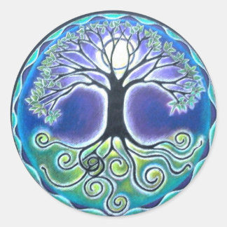 Pegatina Redonda Árbol de Luna Llena del tiempo de primavera del