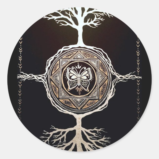 Pegatina Redonda Árbol de mariposas Mandala (Anverso)