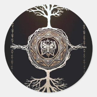 Pegatina Redonda Árbol de mariposas Mandala