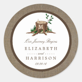 Pegatina Redonda Árbol de monograma rústico y Boda Burlap