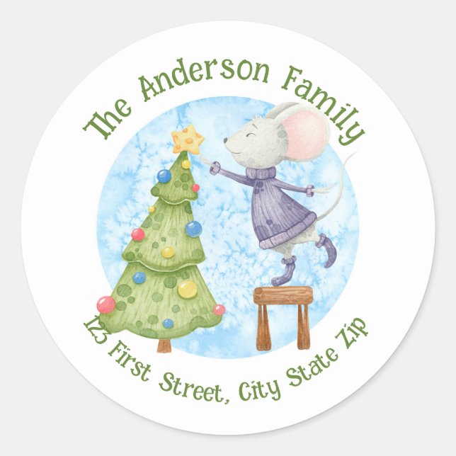 Pegatina Redonda Árbol de Navidad acuarela Arte gráfico del ratón (Anverso)
