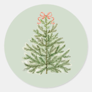 Pegatina Redonda Árbol de navidad acuarela con arco rojo