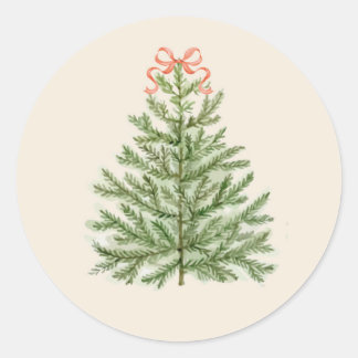 Pegatina Redonda Árbol de navidad acuarela con arco rojo