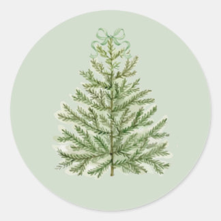 Pegatina Redonda Árbol de navidad acuarela con arco verde