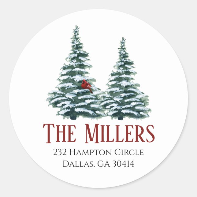 Pegatina Redonda Árbol de navidad acuarela con cardenal (Anverso)