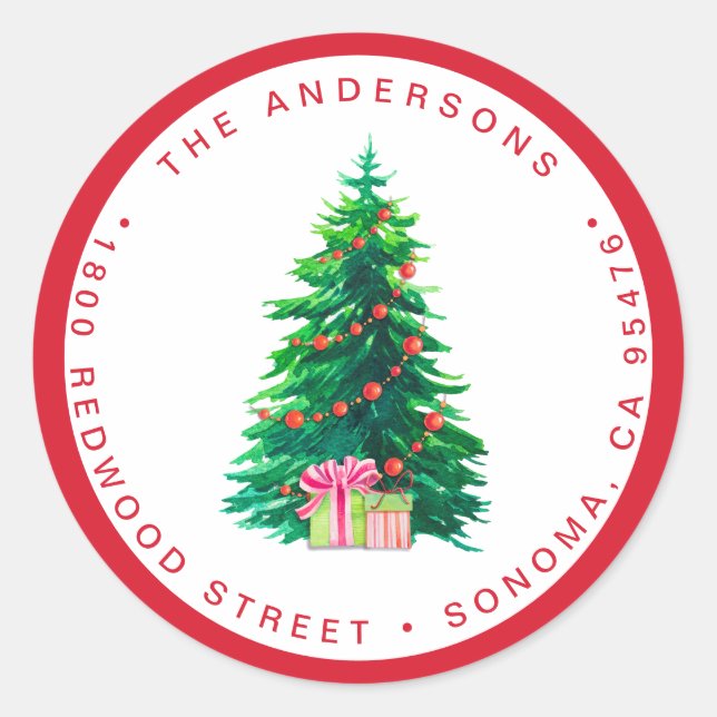 Pegatina Redonda Árbol de Navidad acuarela | Dirección de devolució (Anverso)