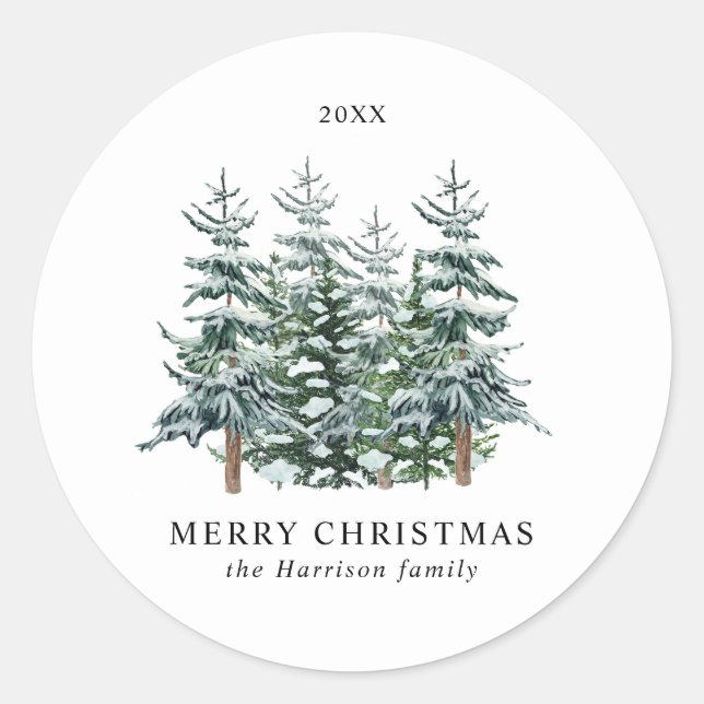 Pegatina Redonda Árbol de Navidad acuarela moderna no foto (Anverso)