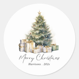 Pegatina Redonda Árbol de Navidad acuarela moderna no foto