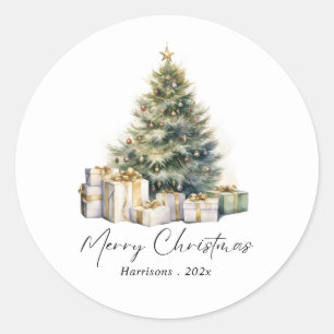 Pegatina Redonda Árbol de Navidad acuarela moderna no foto