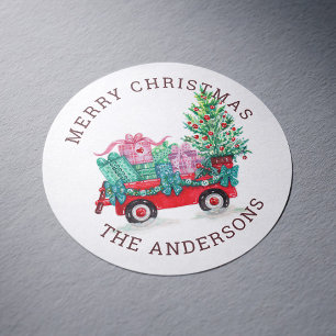 Pegatina Redonda Árbol de Navidad acuarela y vacaciones de invierno