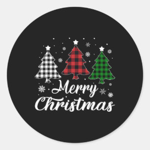Pegatina Redonda Árbol de Navidad Alegre Plaid Búfalo Rojo Blanco