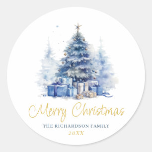 Pegatina Redonda Árbol de Navidad azul elegante acuarela