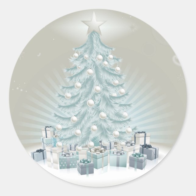Pegatina Redonda Árbol de Navidad azul plateado, bolas y regalos (Anverso)