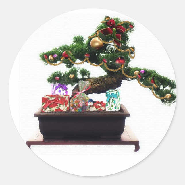 Pegatina Redonda Árbol de Navidad Bonsai (Anverso)