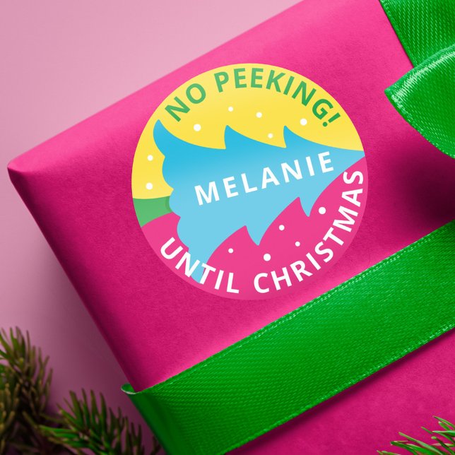 Pegatina Redonda Árbol de Navidad Brillante de Neón y sin Peeking P (Personalized No Peeking Bright Neon Christmas Tree Classic Round Sticker)