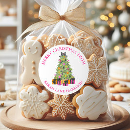 Pegatina Redonda Árbol de Navidad brillante Preppy acuarela Direcci