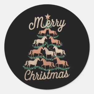 Pegatina Redonda Árbol de Navidad Caballos Árbol de Navidad Feliz C